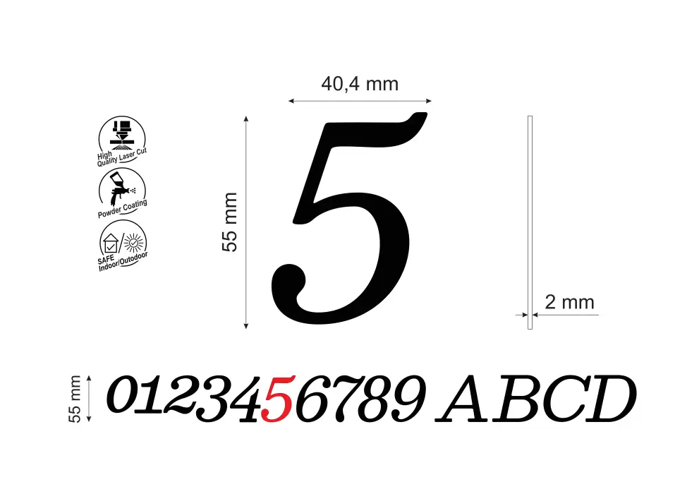 Numar pentru usa apartament cifra 5, inaltime 55 mm, model Normal Italic