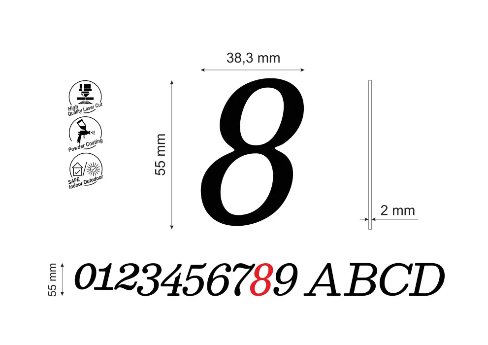 Numar pentru usa apartament cifra 8, inaltime 55 mm, model Normal Italic