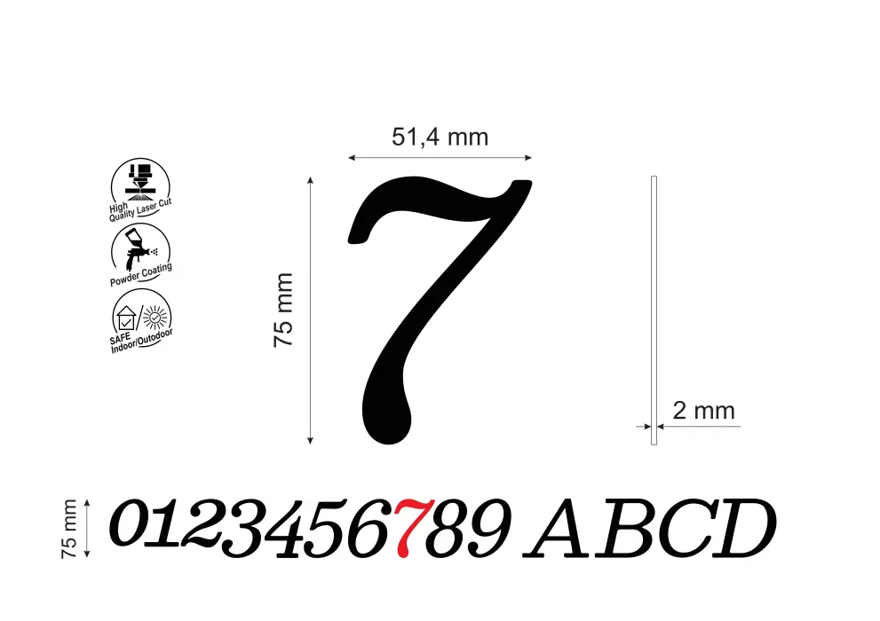 Numar pentru usa apartament cifra 7, inaltime 75 mm, model Normal Italic