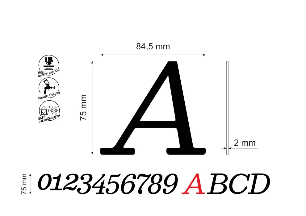 Numar pentru usa apartament litera A, inaltime 75 mm, model Normal Italic