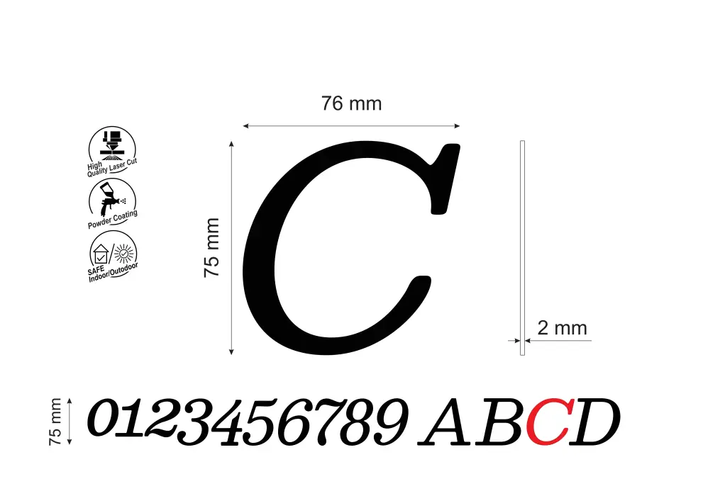 Numar pentru usa apartament litera C, inaltime 75 mm, model Normal Italic