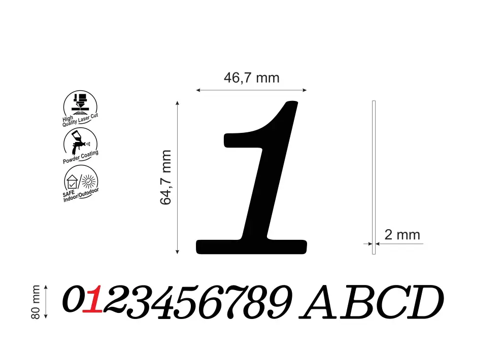 Numar pentru usa apartament cifra 1, inaltime 80 mm, model Normal Italic