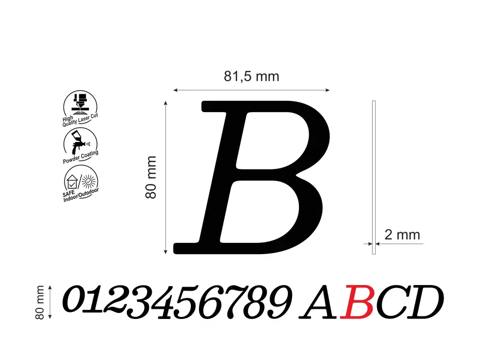 Numar pentru usa apartament litera B, inaltime 80 mm, model Normal Italic