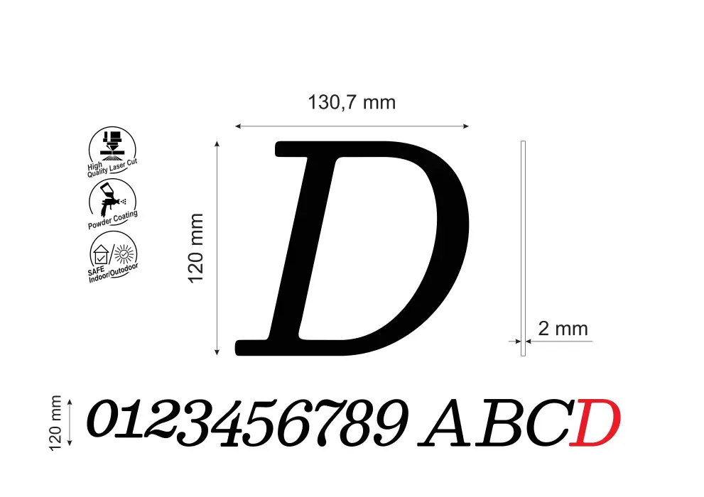Numar pentru casa/poarta casa litera D, inaltime 120 mm, model Normal Italic