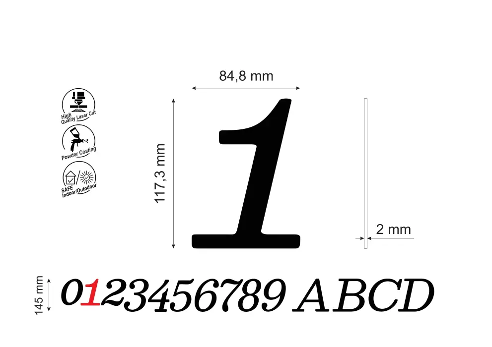 Numar pentru casa/cladiri cifra 1, inaltime 145 mm, model Normal Italic
