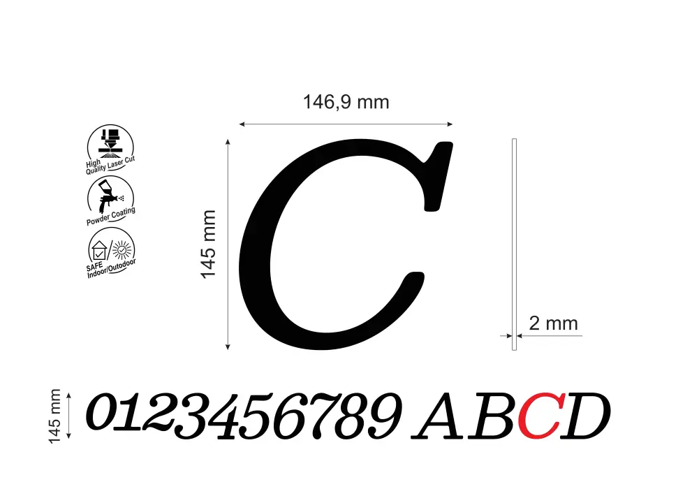 Numar pentru casa/cladiri litera C, inaltime 145 mm, model Normal Italic