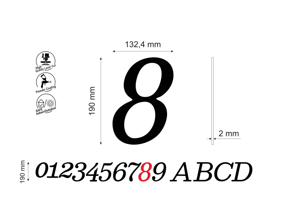 Numar pentru casa/cladiri cifra 8, inaltime 190 mm, model Normal Italic