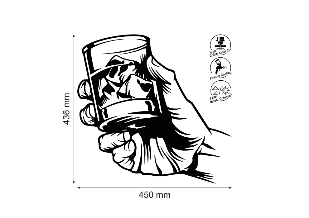 Decoratiune perete metal pahar Whiskey cu cuburi gheata