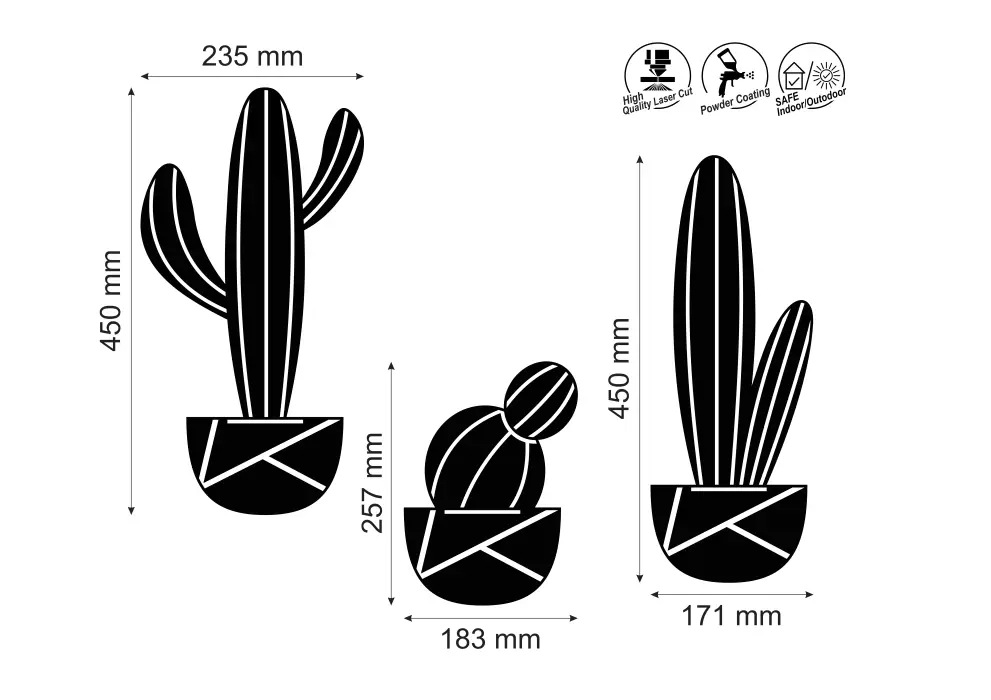 Set decoratiuni perete metal flori cactus - 3 bucati individuale