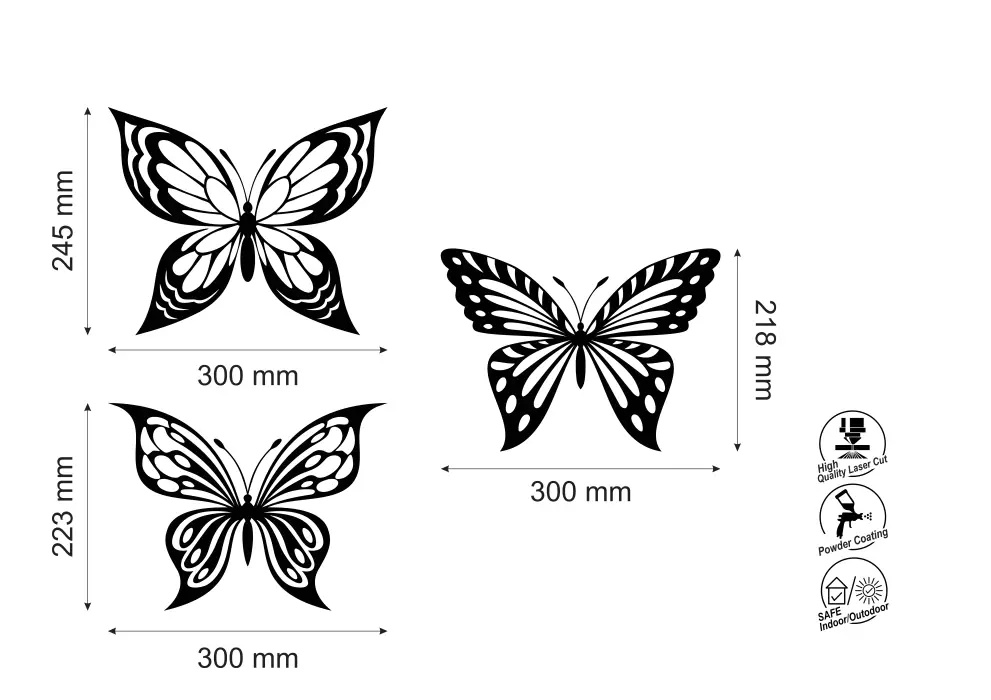 Set decoratiuni perete metal fluturi - 3 bucati individuale