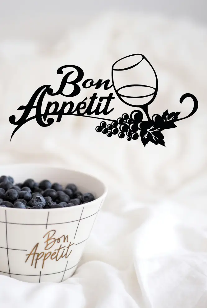 Inscriptie metal Bon appetit cu pahar de vin