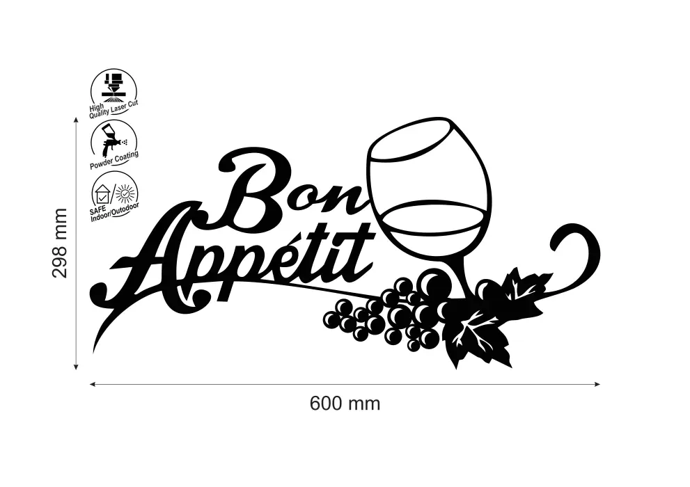 Inscriptie metal Bon appetit cu pahar de vin