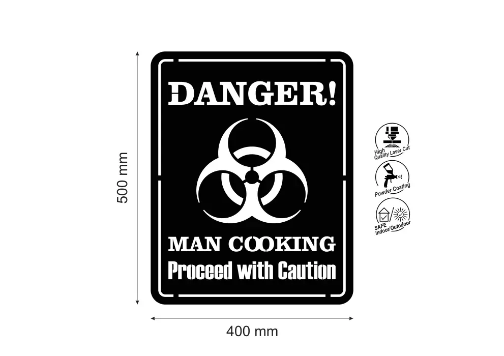 Decoratiune perete metal Danger! Man cooking - limba engleza