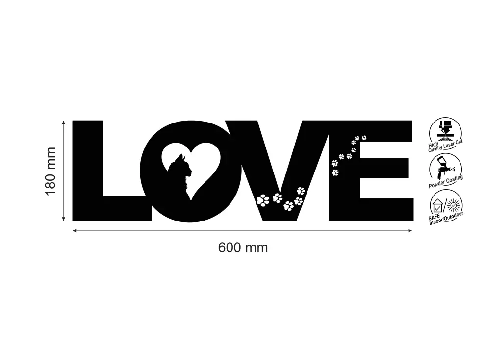 Inscriptie metal Love cu urme de pisicute - limba engleza
