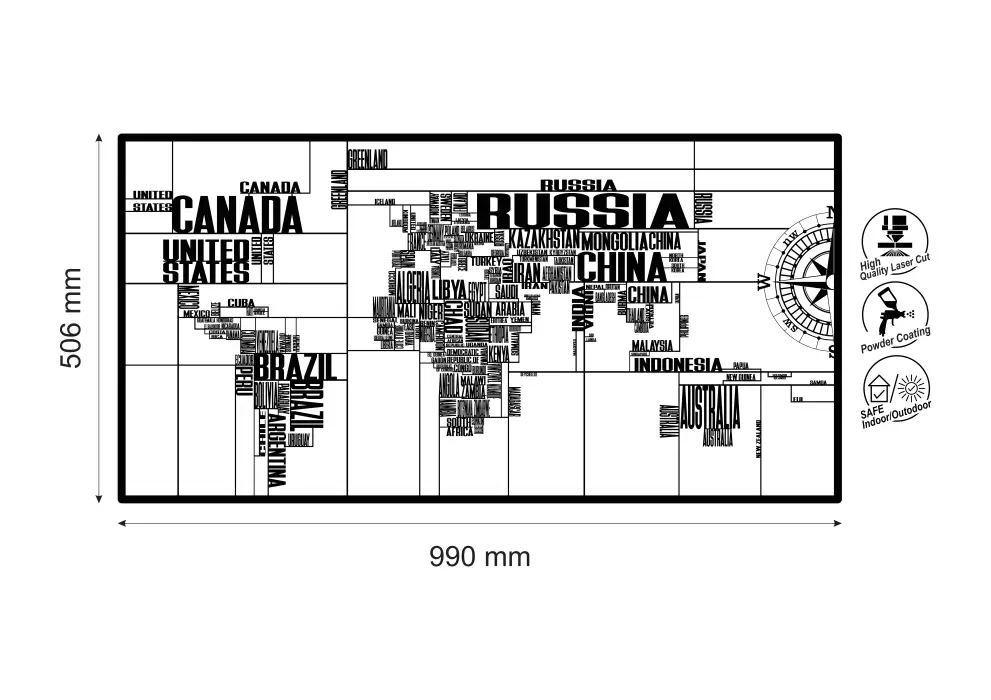 Decoratiune perete metal harta lumii cu nume tari