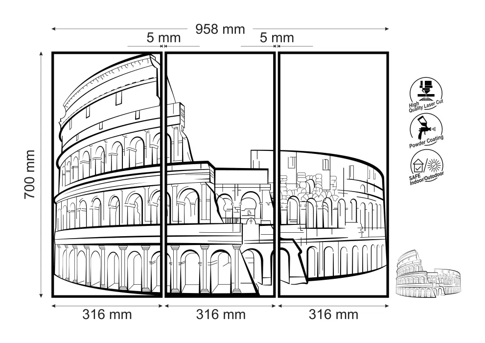 Set decoratiuni perete metal Colosseum - 3 bucati individuale