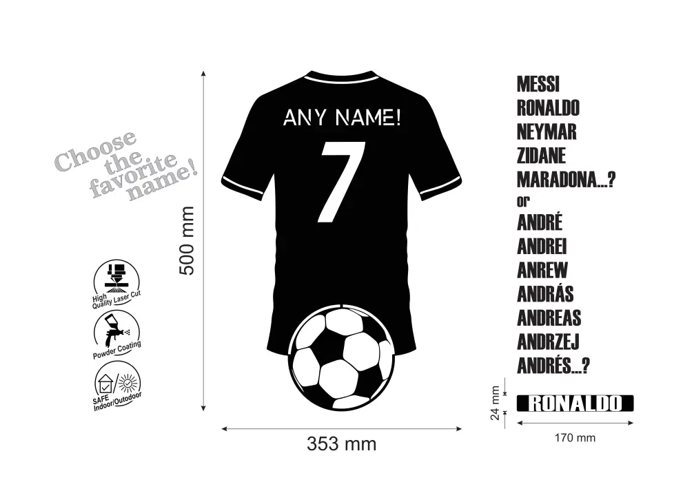 Decoratiune perete metal tricou fotbal cu minge fotbal_1 - alege-ti numele de pe tricou!