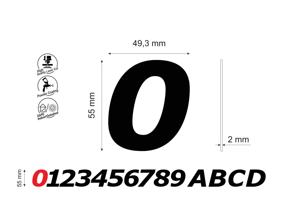 Numar pentru usa apartament cifra 0, inaltime 55 mm, model Bold Italic