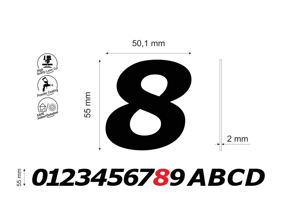 Numar pentru usa apartament cifra 8, inaltime 55 mm, model Bold Italic