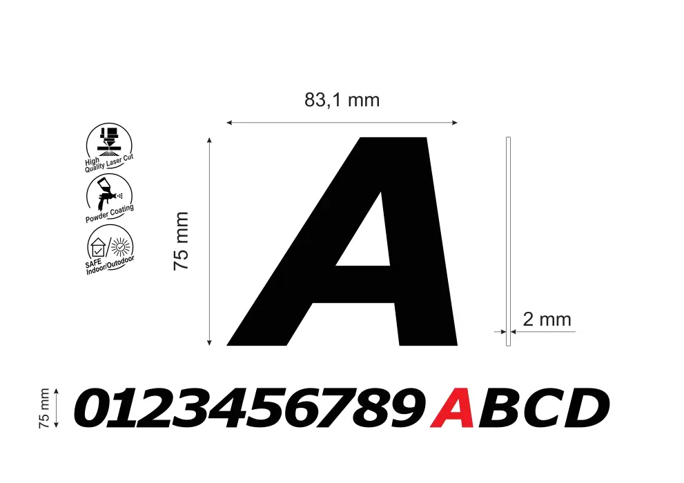 Numar pentru usa apartament litera A, inaltime 75 mm, model Bold Italic