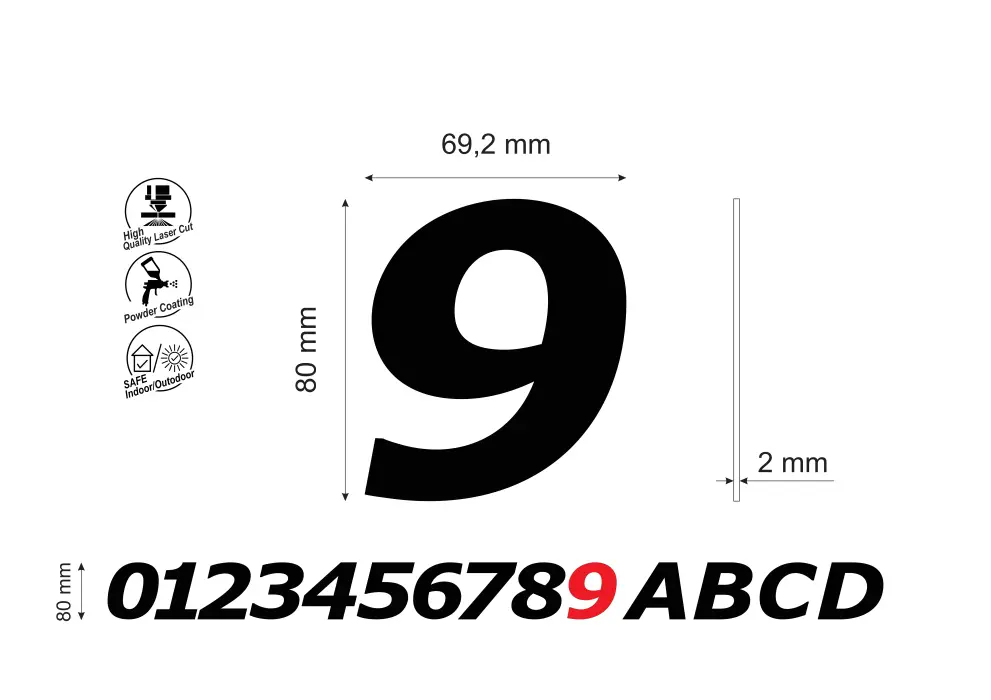 Numar pentru usa apartament cifra 9, inaltime 80 mm, model Bold Italic