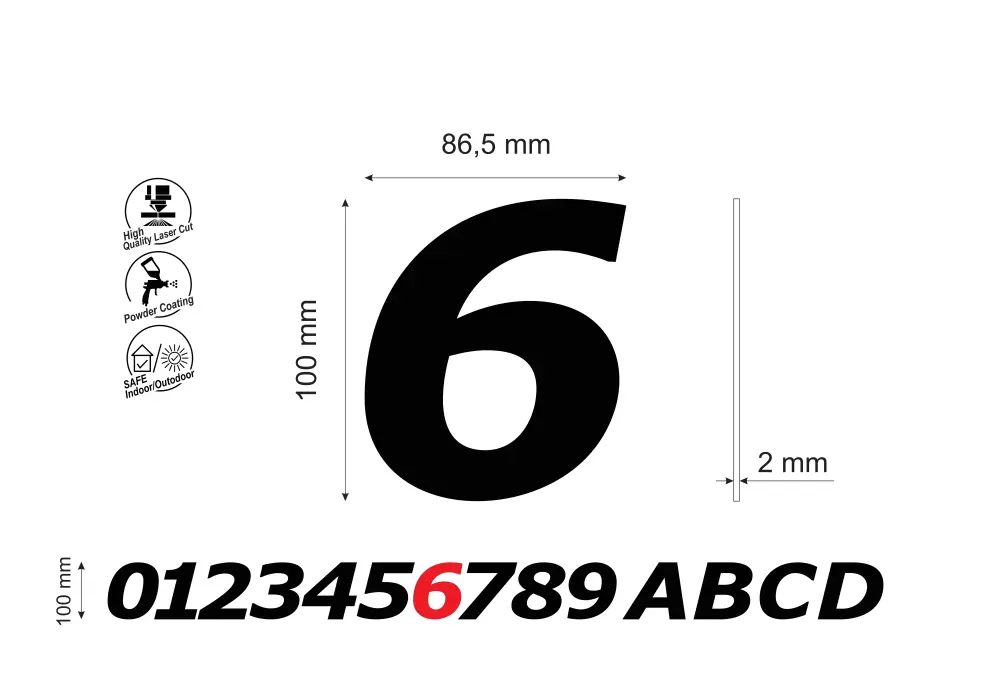 Numar pentru poarta casa cifra 6, inaltime 100 mm, model Bold Italic