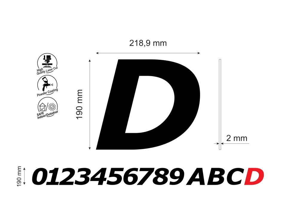 Numar pentru casa/cladiri litera D, inaltime 190 mm, model Bold Italic