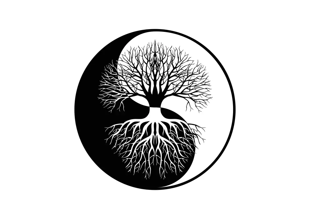 Decoratiune perete metal simbol YinYang cu copac in oglinda